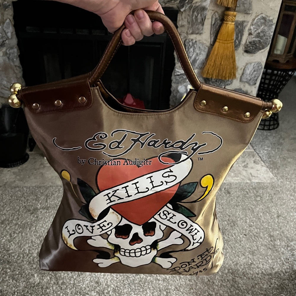 Christian Audigier Ed Hardey Gold Satin Tattoo Graphic Tote with Red Heart.